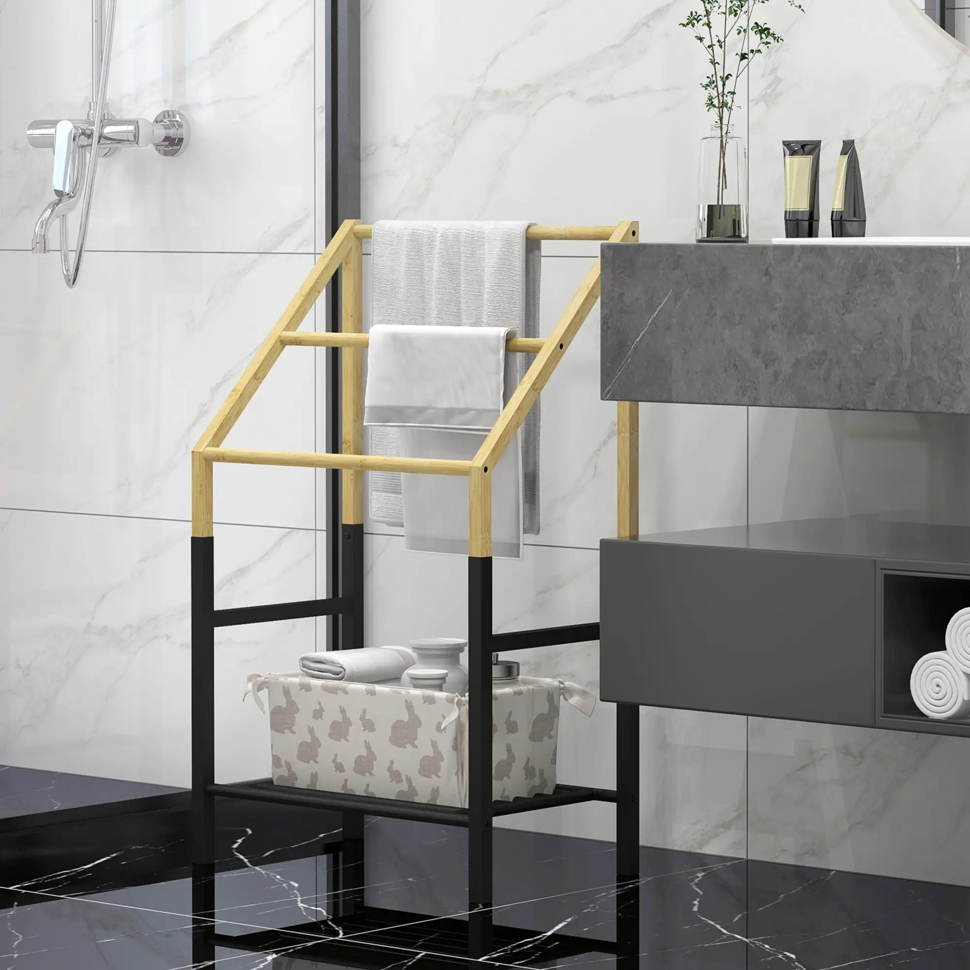 Badkamer handdoekenrek van hout – 51x31x86 cm met 3 niveaus