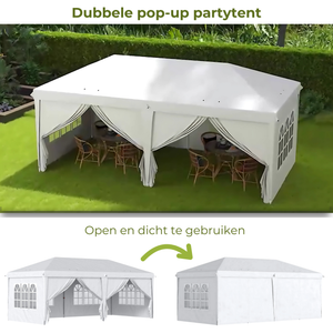 Witte easy up partytent 6x3 m – ruim tuinpaviljoen met zijwanden, open en dicht te gebruiken in groene tuin