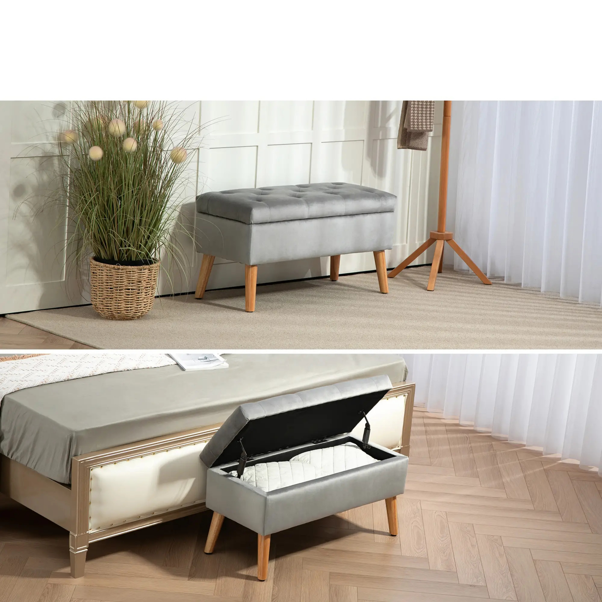 Grijze hocker met opbergruimte – zitbankje 80x35x40 cm voor slaapkamer of hal