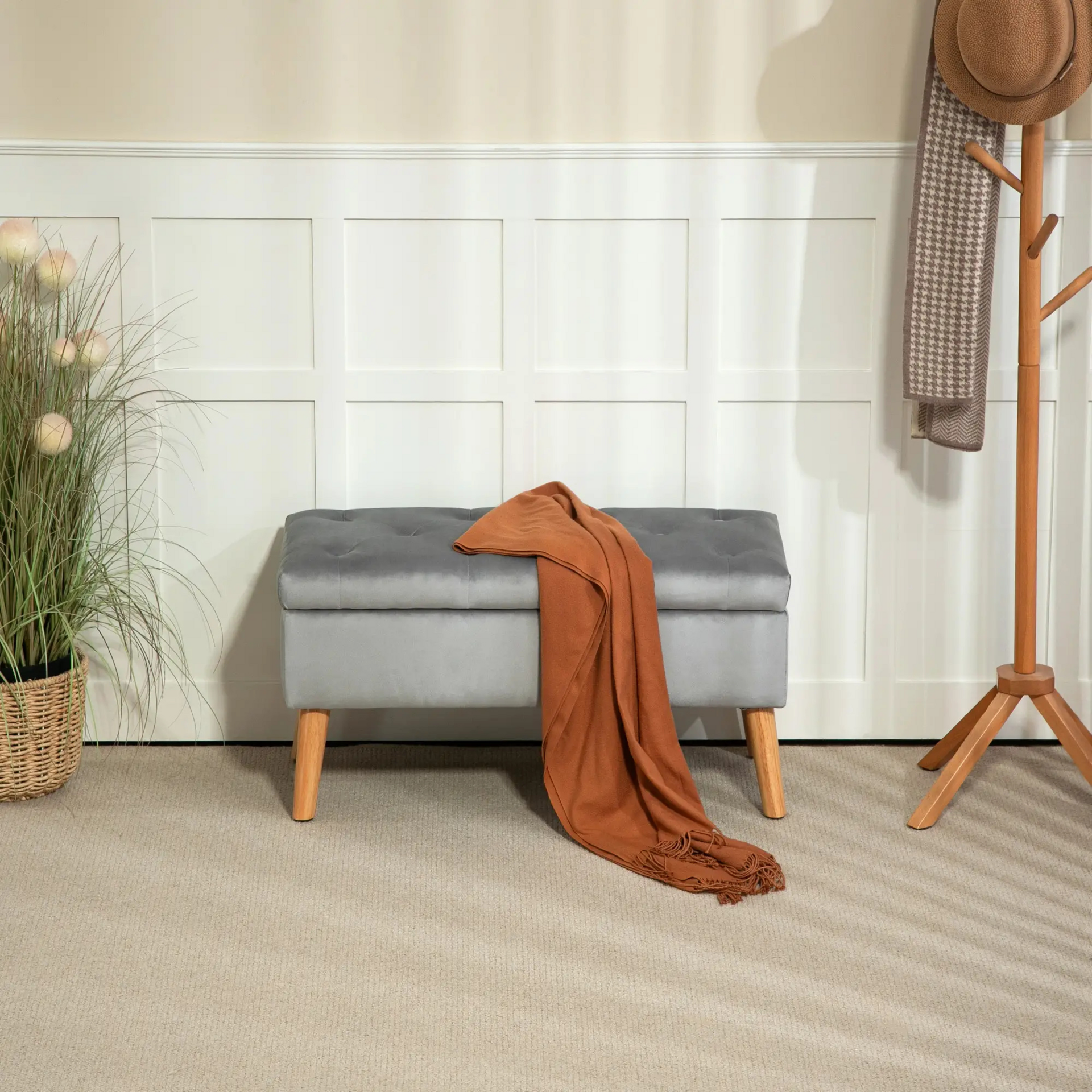 Grijze hocker met opbergruimte – zitbankje 80x35x40 cm voor slaapkamer of hal