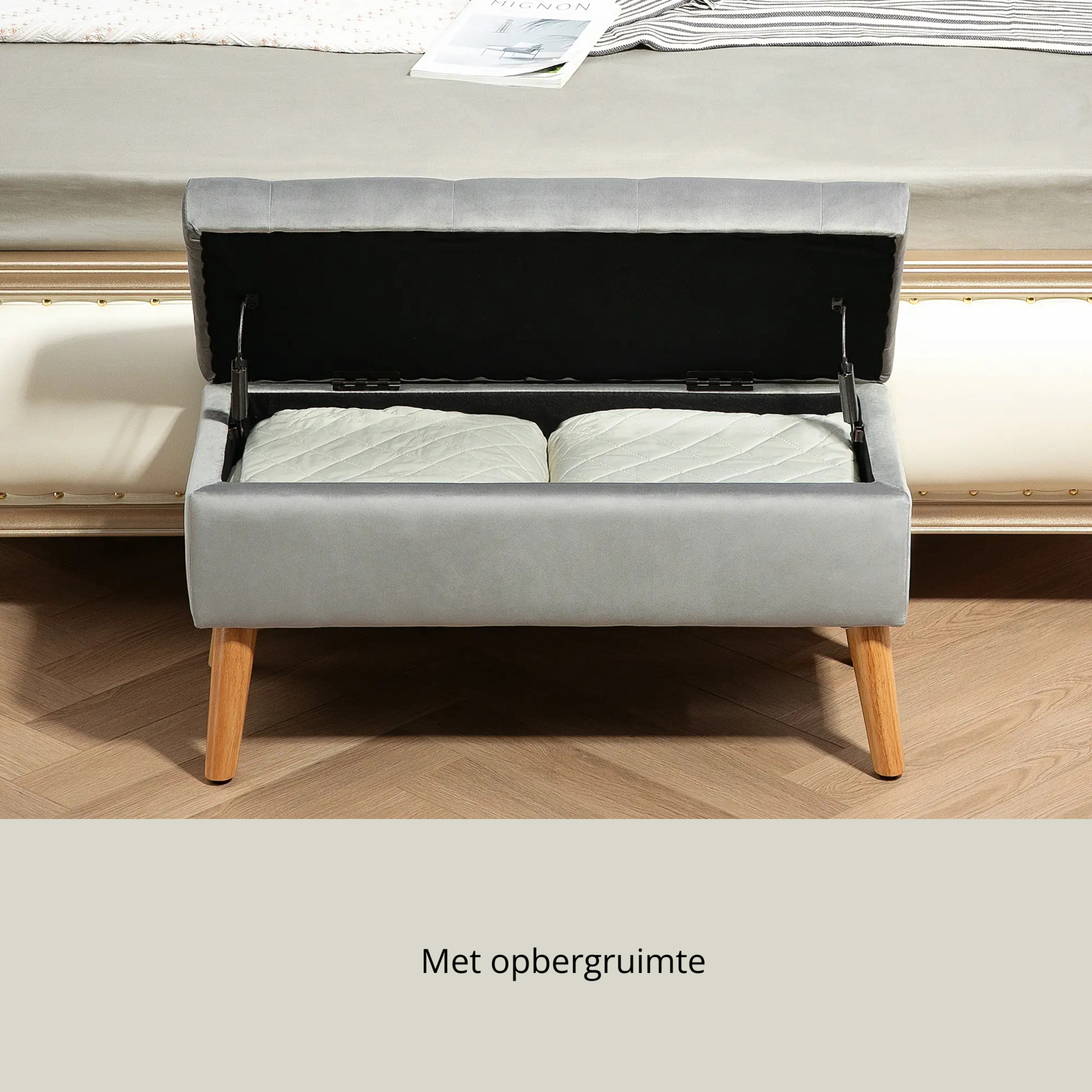 Grijze hocker met opbergruimte – zitbankje 80x35x40 cm voor slaapkamer of hal