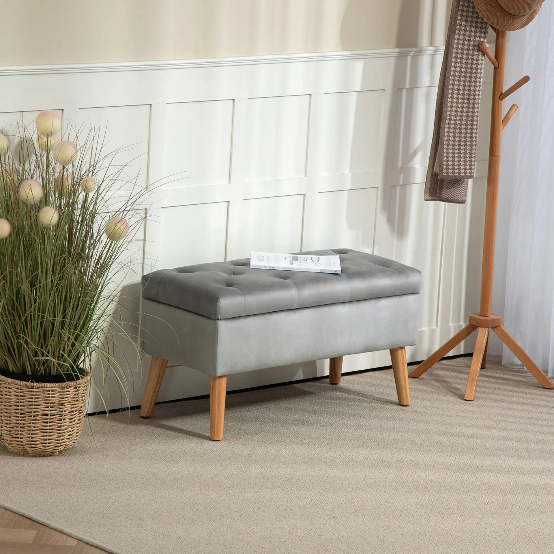 Grijze hocker met opbergruimte – zitbankje 80x35x40 cm voor slaapkamer of hal