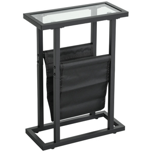 Industriële zwarte bijzettafel met krantenbak – strak metalen frame met glasplaat en praktische opbergruimte voor tijdschriften