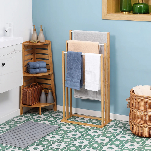 Vrijstaand bamboe handdoekenrek met 3 stangen – compact en elegant badkameraccessoire