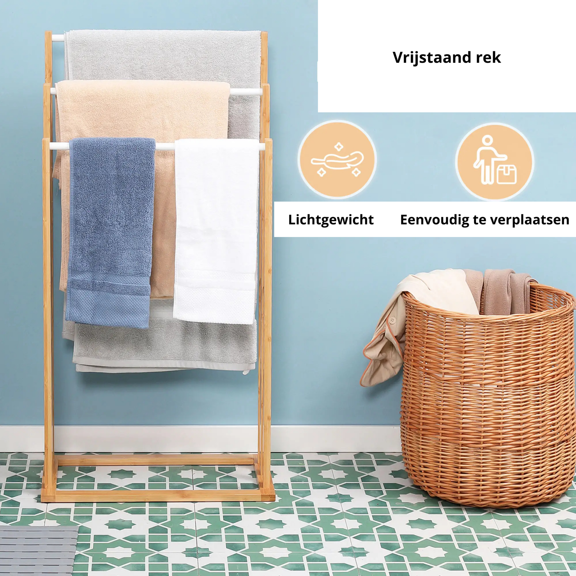 Vrijstaand bamboe handdoekenrek met 3 stangen – compact en elegant badkameraccessoire