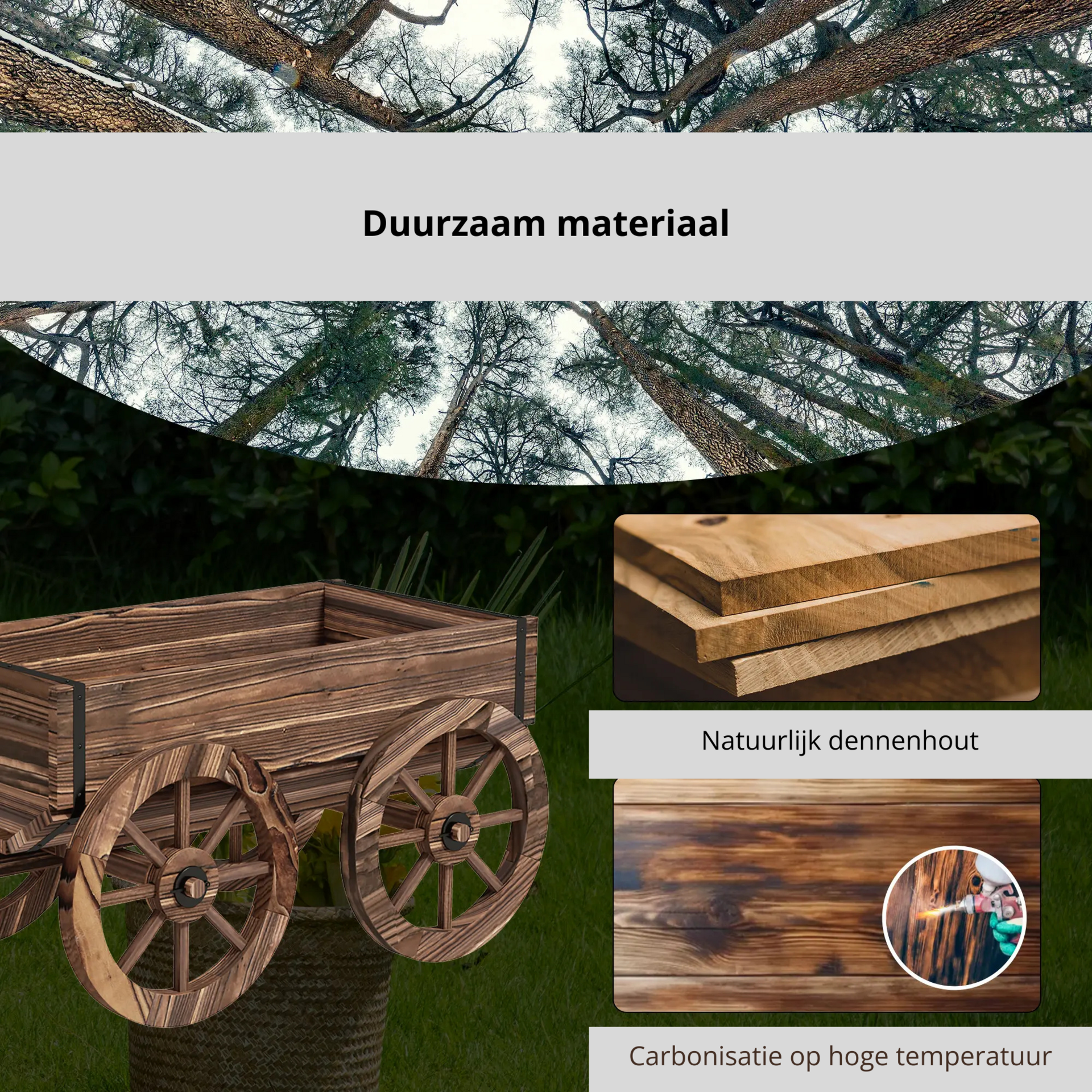 Decoratieve houten plantenbak in kruiwagenstijl – 120x41x50 cm voor tuin of terras