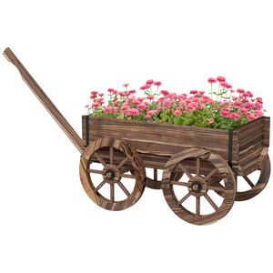 Decoratieve houten plantenbak in kruiwagenstijl – 120x41x50 cm met roze bloemen voor sfeervolle tuin of terrasdecoratie
