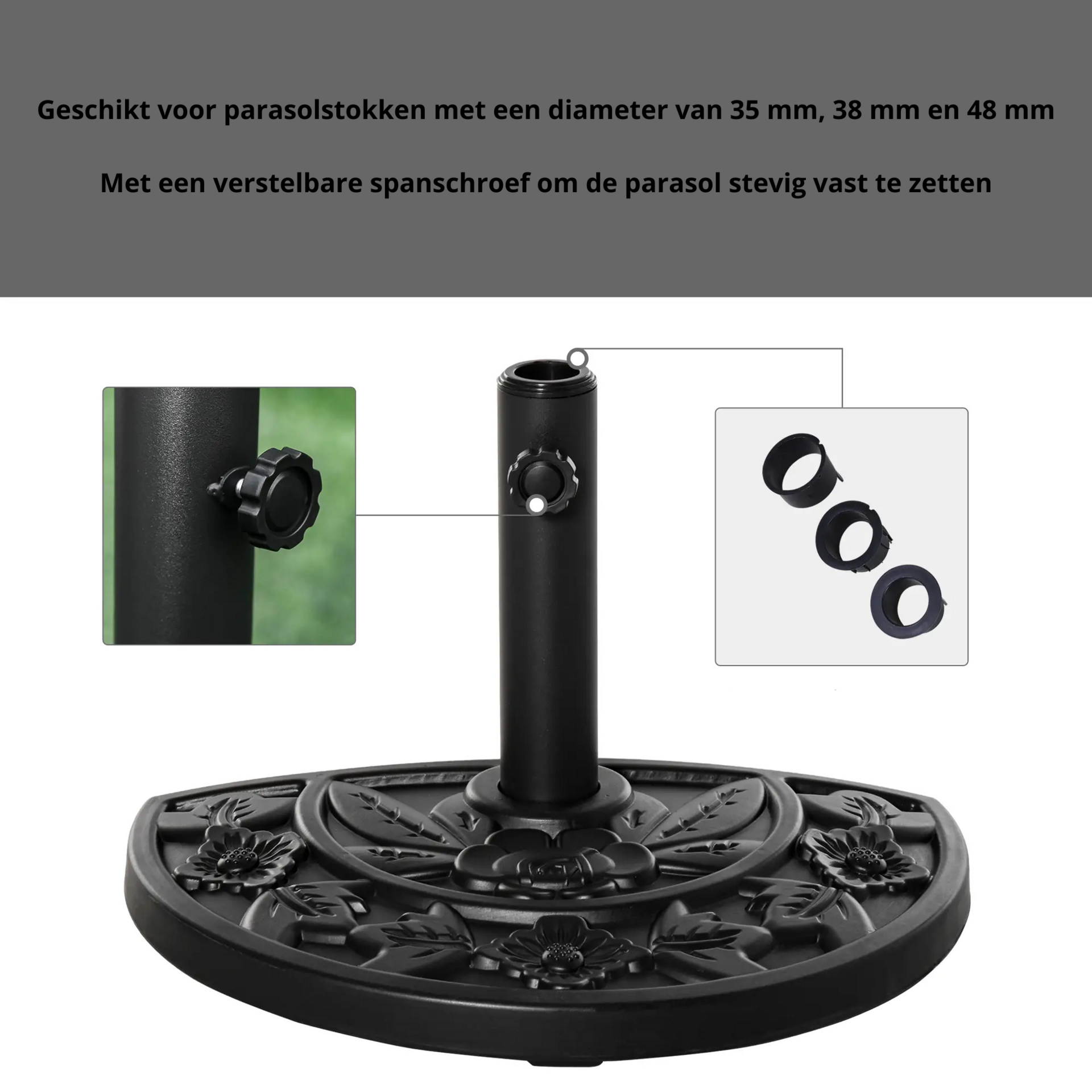 Halfronde parasolvoet zwart 9 kg – compact en stevig balkonmodel