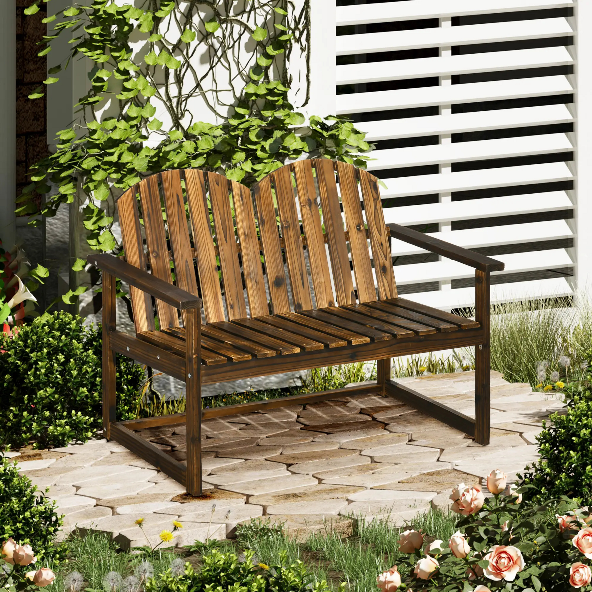 Rustieke tuinbank van donkerbruin dennenhout – 114x63x86 cm met klassieke uitstraling