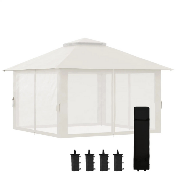 Easy up partytent 4x4 m crèmewit – met zandzakken en stevig frame voor buitengebruik