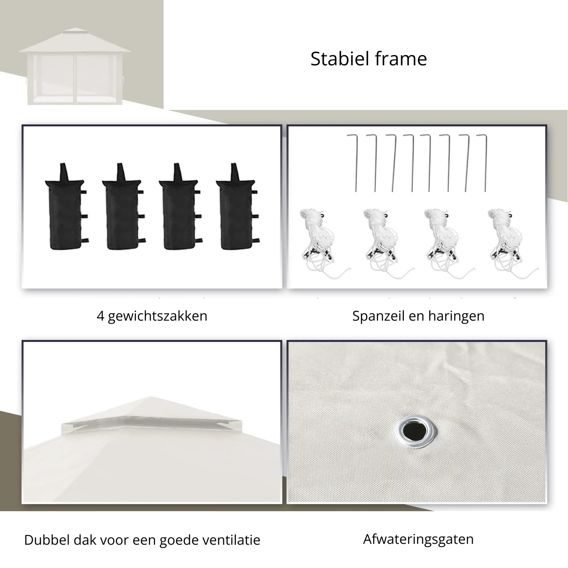 Easy up partytent 4x4 m crèmewit – met zandzakken en stevig frame voor buitengebruik