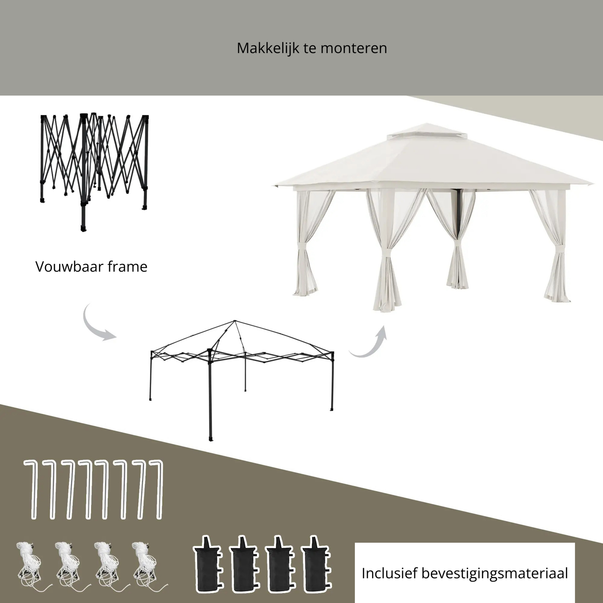 Easy up partytent 4x4 m crèmewit – met zandzakken en stevig frame voor buitengebruik