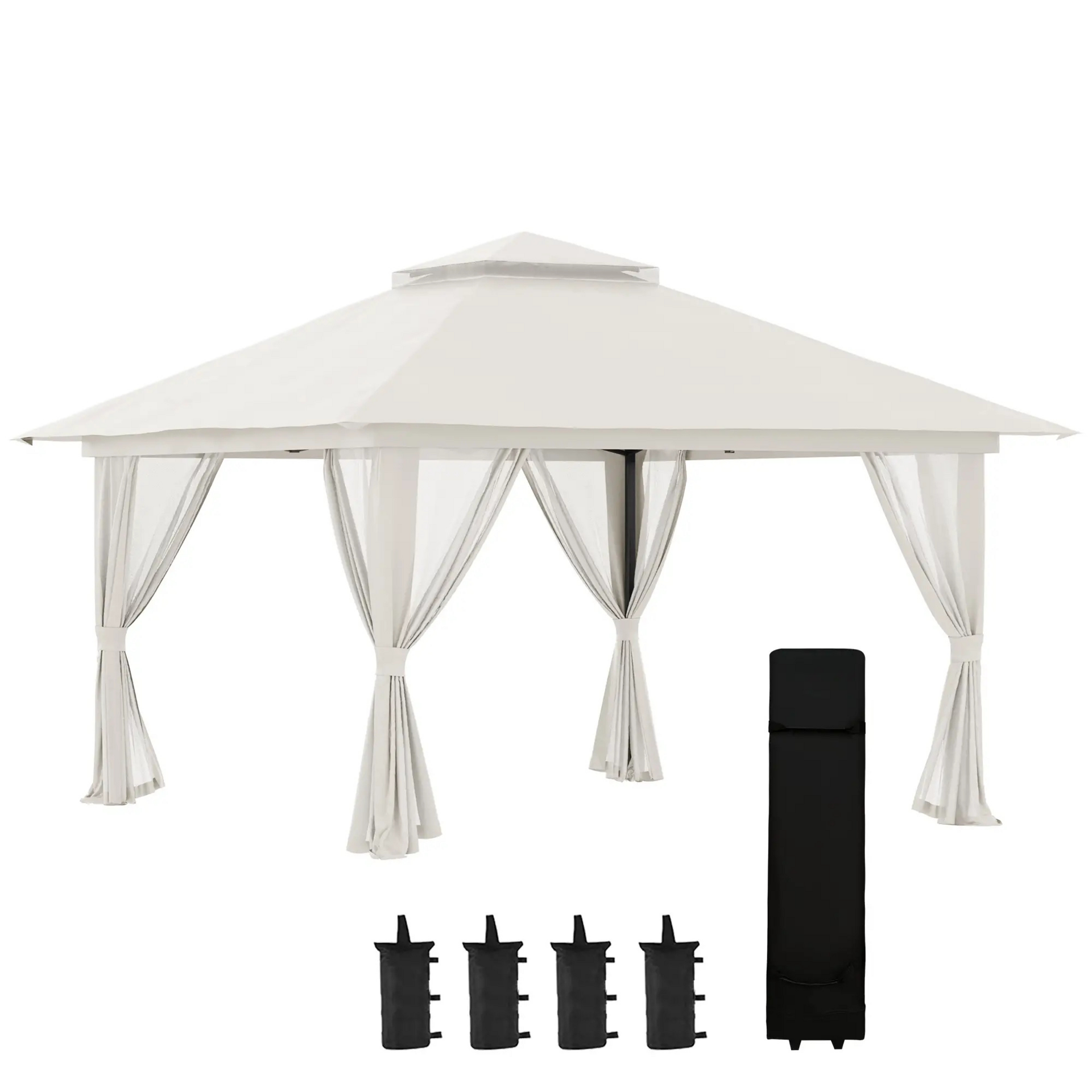 Easy up partytent 4x4 m crèmewit – met zandzakken en stevig frame voor buitengebruik