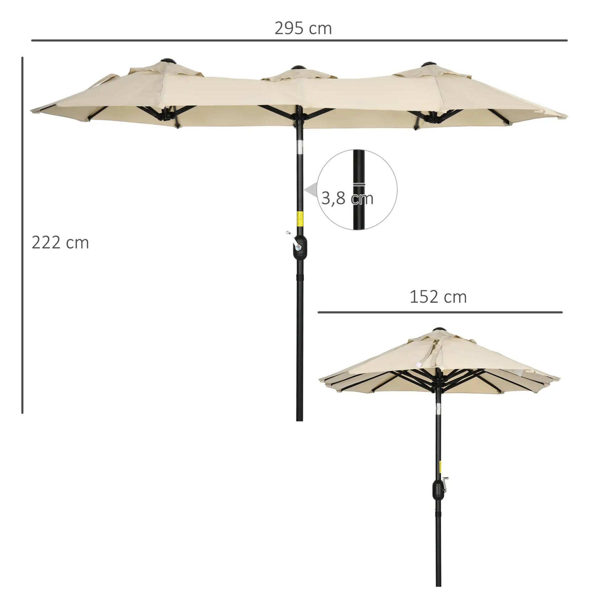 Kantelbare dubbele parasol crème 295x152 cm – met slinger en ruime overdekking