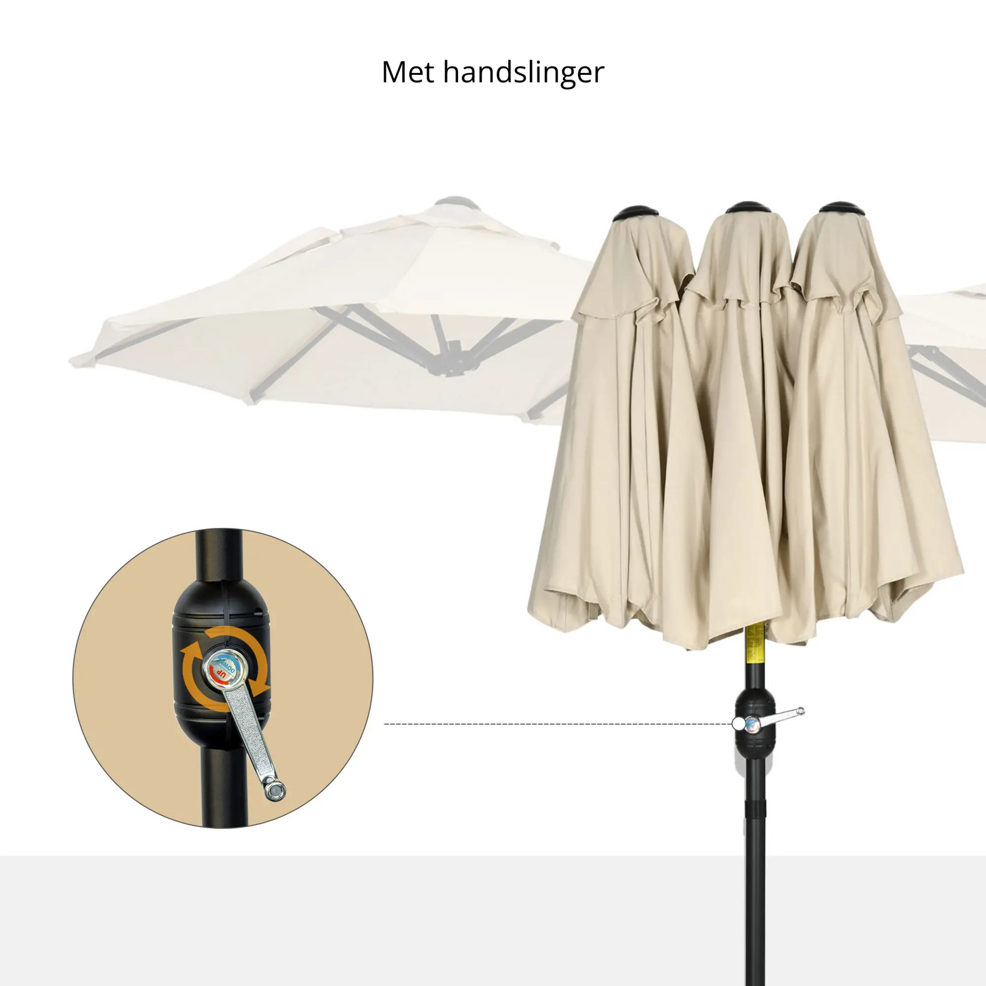 Kantelbare dubbele parasol crème 295x152 cm – met slinger en ruime overdekking