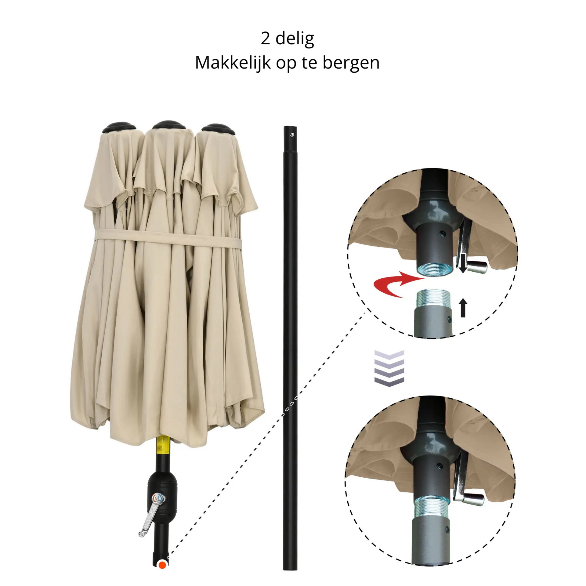 Kantelbare dubbele parasol crème 295x152 cm – met slinger en ruime overdekking