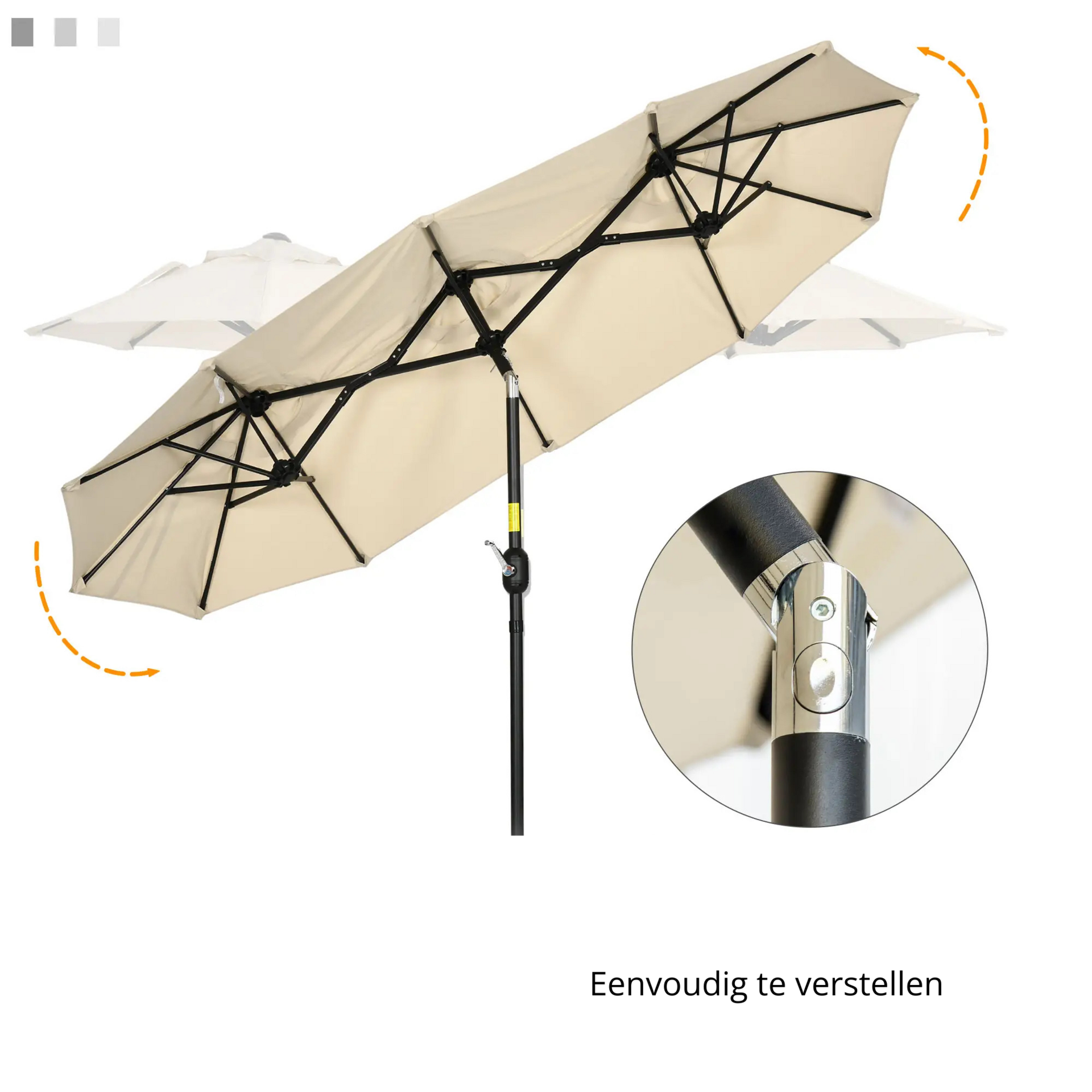 Kantelbare dubbele parasol crème 295x152 cm – met slinger en ruime overdekking