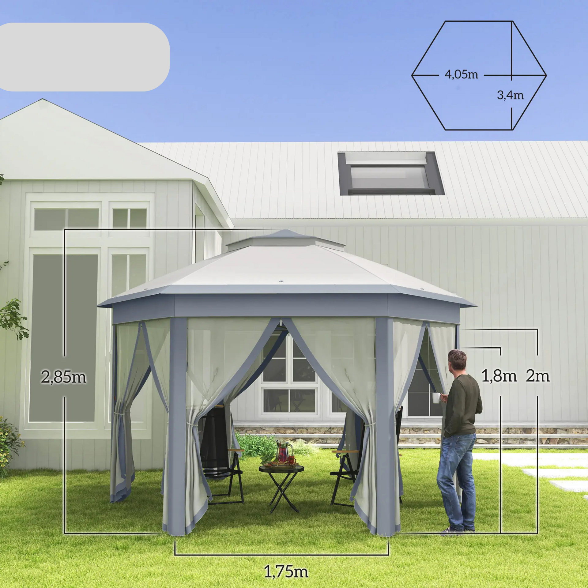 Grijze easy up partytent 4x4 m – met ademende mesh zijwanden tegen insecten