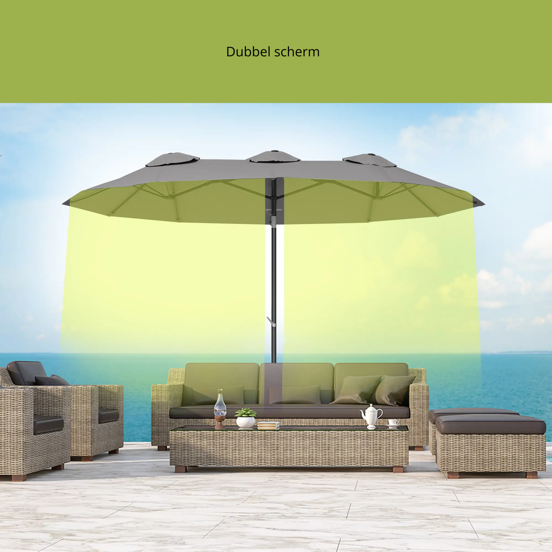Kantelbare dubbele parasol grijs 295x152 cm – met handslinger en brede schaduw