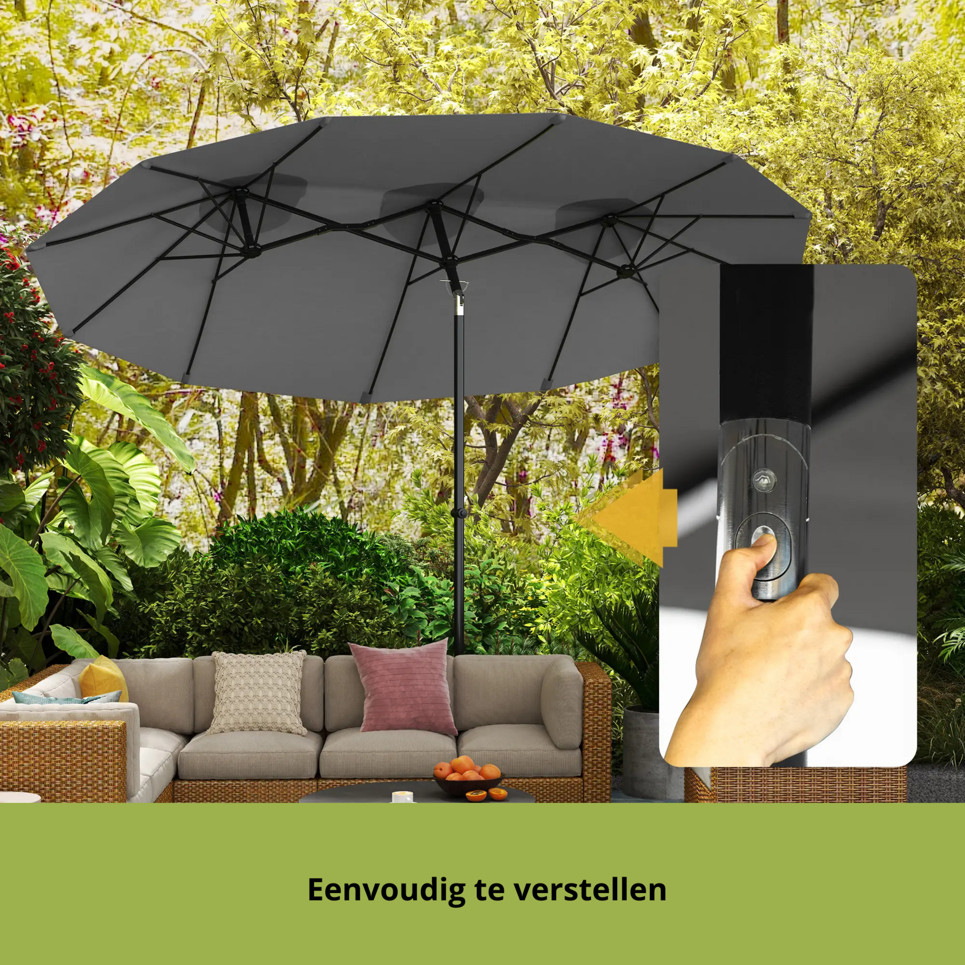 Kantelbare dubbele parasol grijs 295x152 cm – met handslinger en brede schaduw