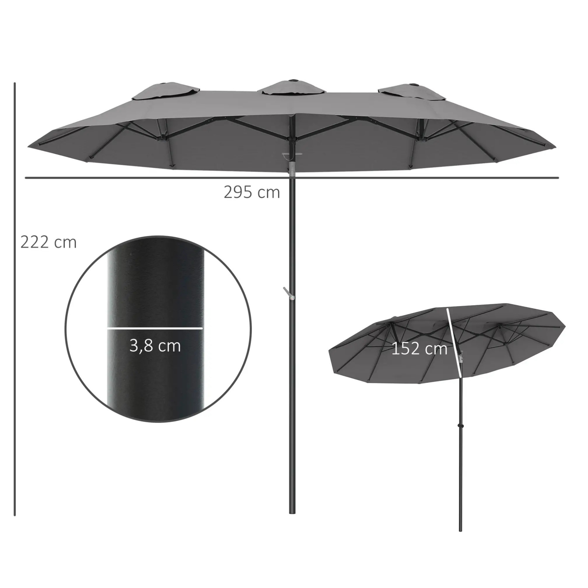 Kantelbare dubbele parasol grijs 295x152 cm – met handslinger en brede schaduw