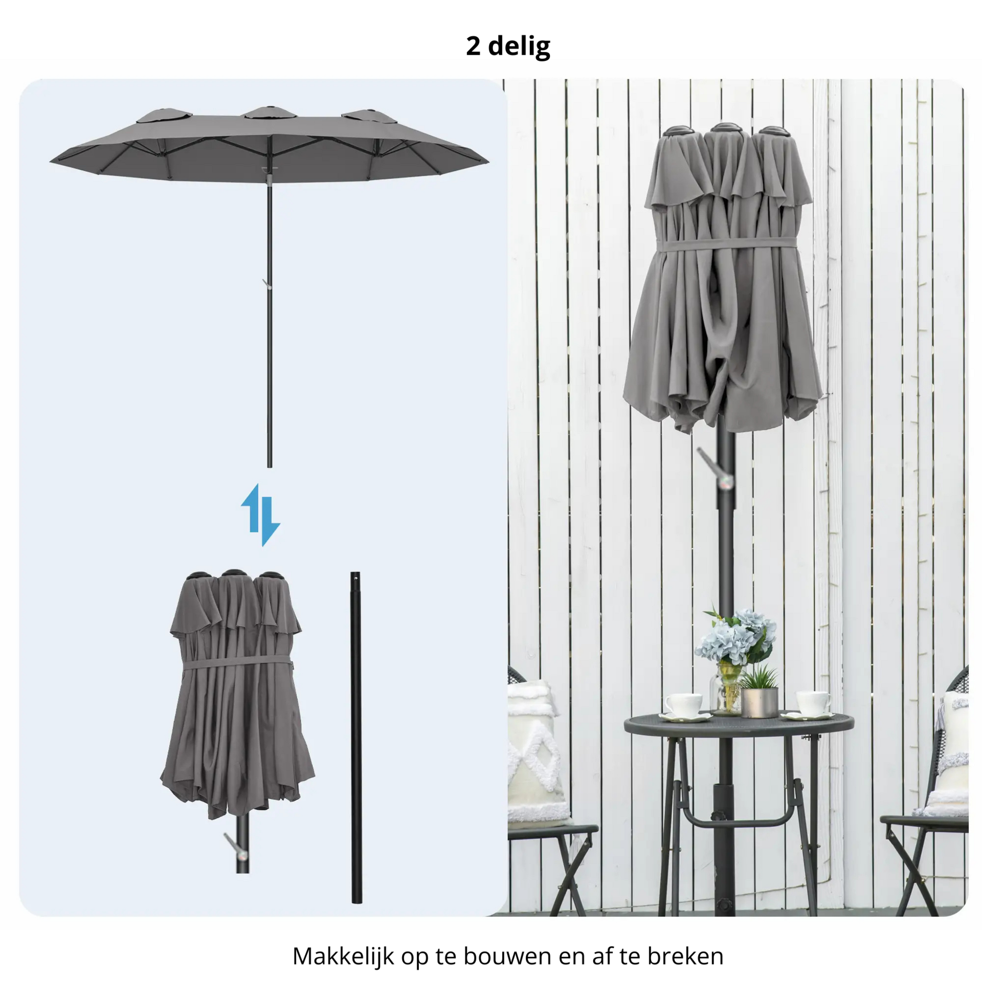 Kantelbare dubbele parasol grijs 295x152 cm – met handslinger en brede schaduw