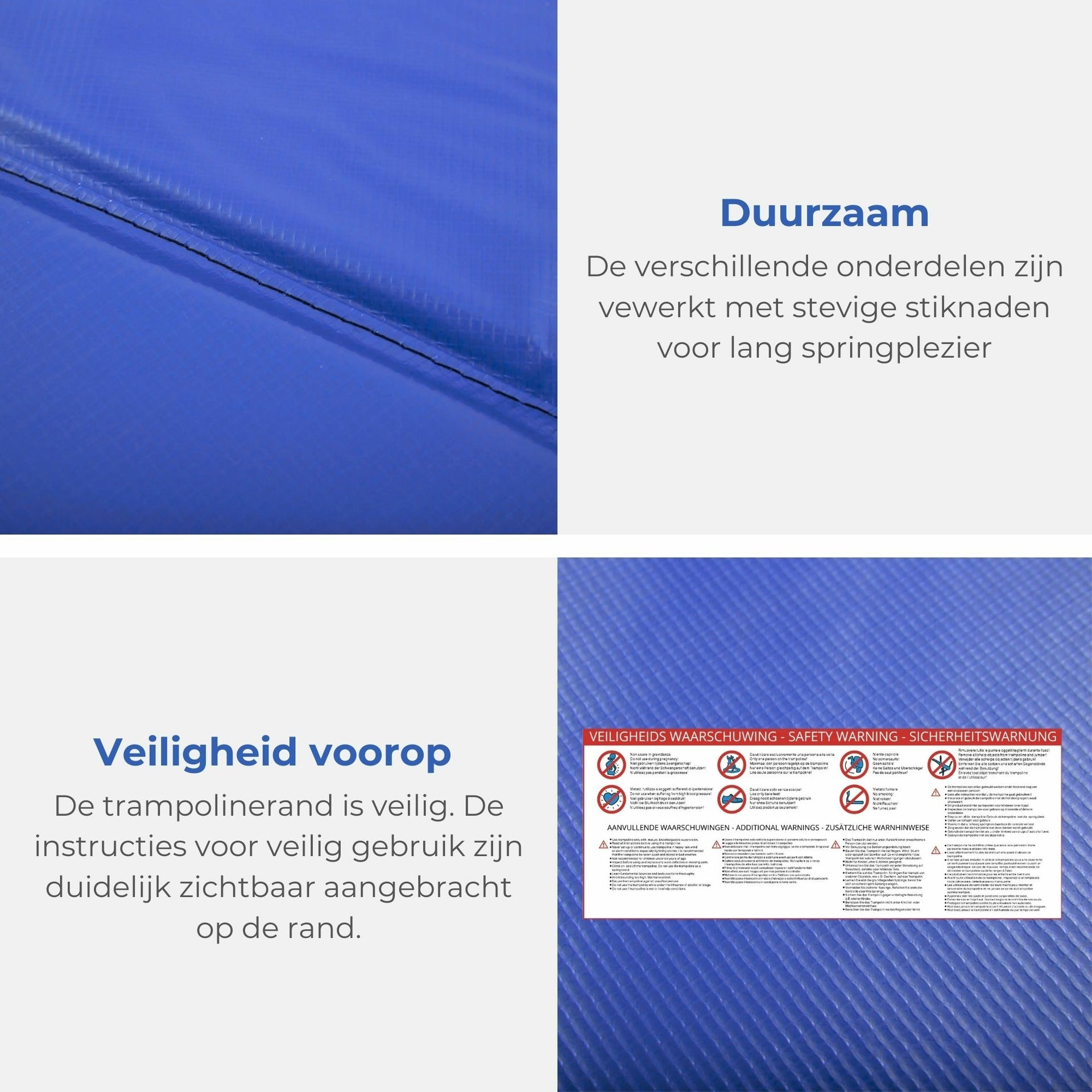 Blauwe PVC trampoline rand Ø244 cm met 15 mm vulling met stevige stiknaden en duidelijke veiligheidssymbolen voor veilig gebruik