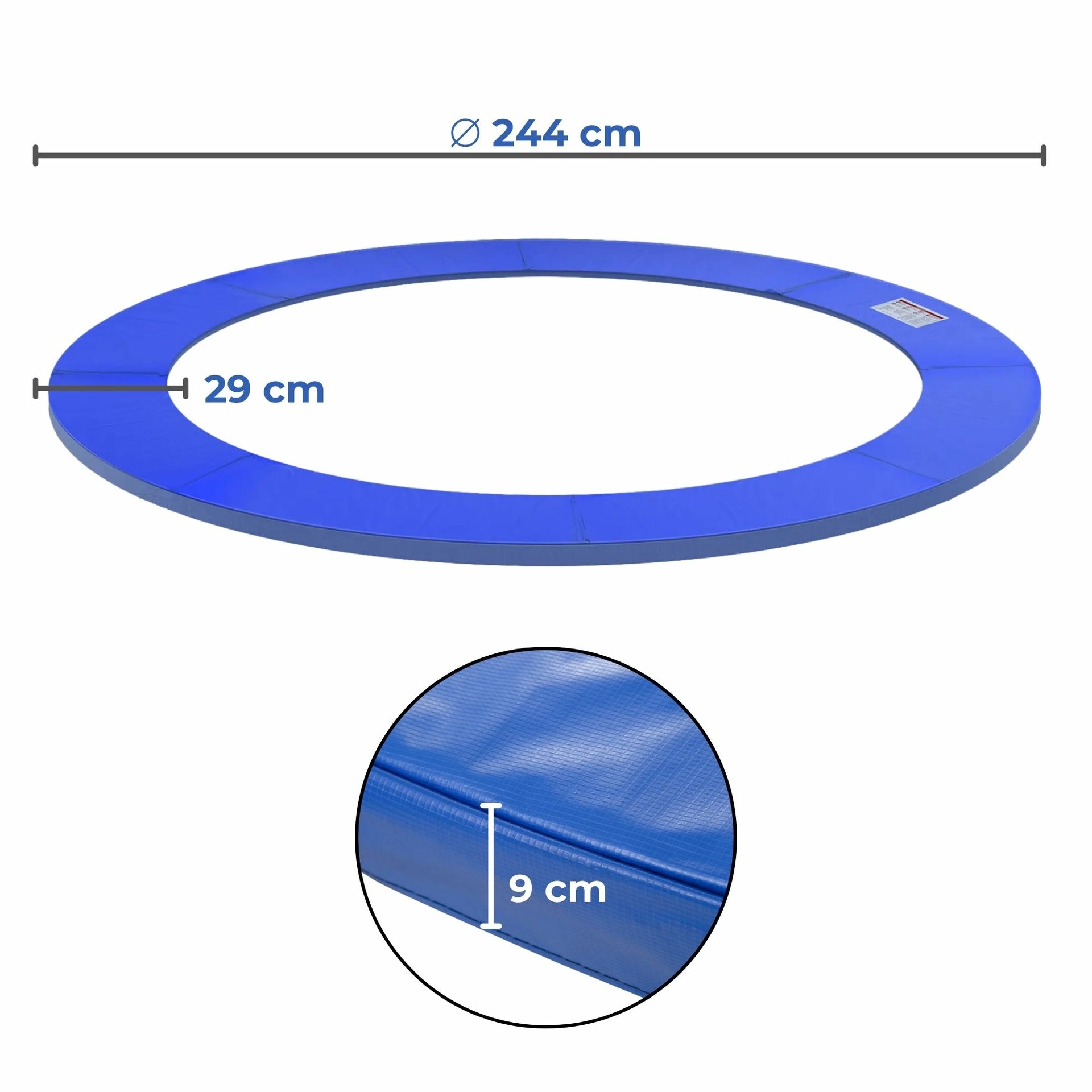 Blauwe PVC trampoline rand Ø244 cm met 15 mm vulling, veilige afdekking voor trampoline met waterbestendige toplaag