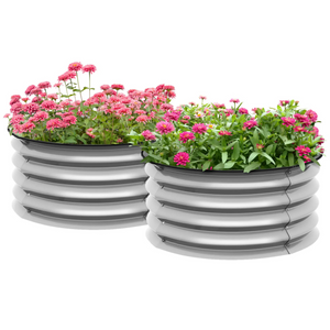 Ronde zilverkleurige plantenbak van metaal – Ø60x30 cm met bloemen voor een moderne tuinsfeer en stijlvolle buiteninrichting