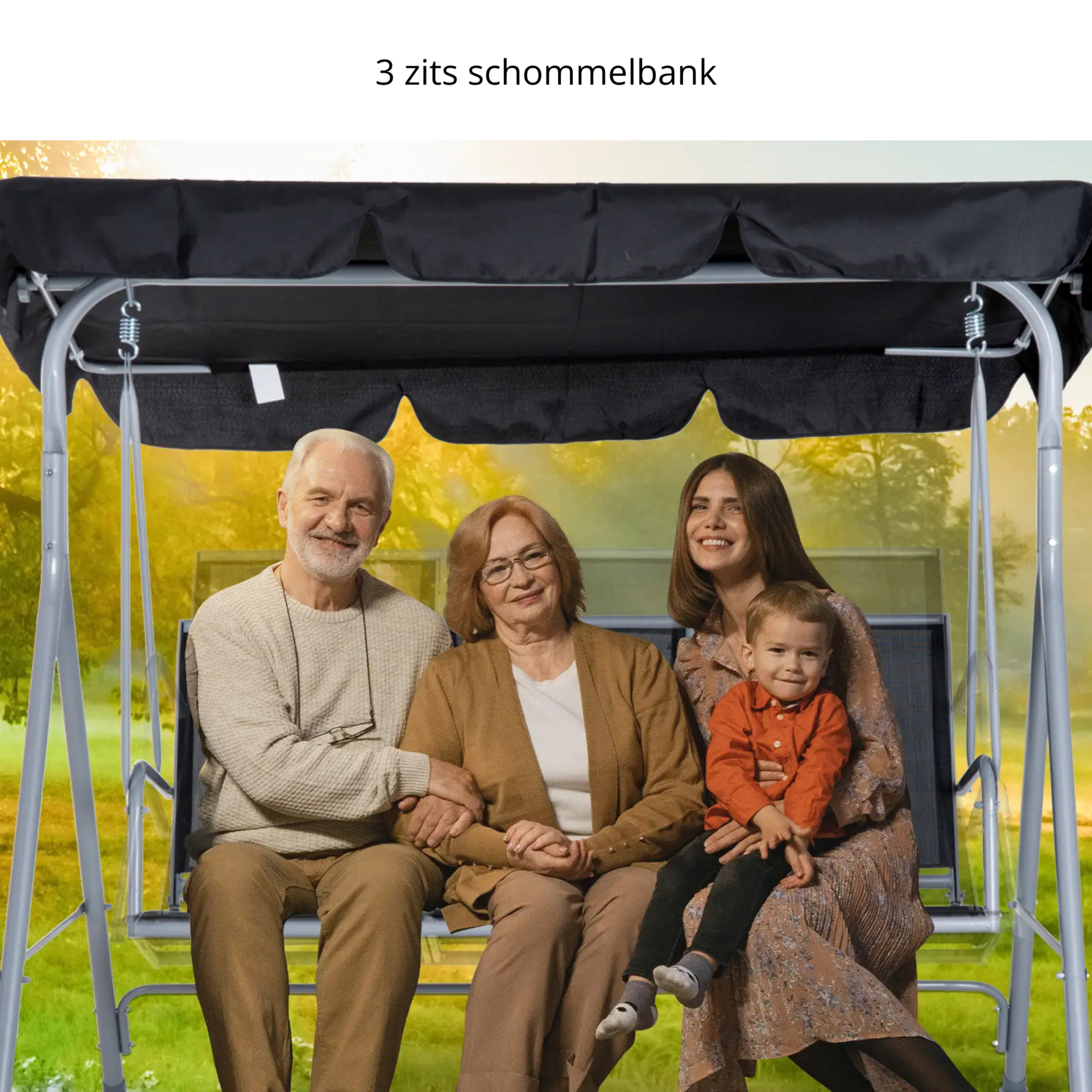 3-zits schommelbank zwart-grijs met dak – stevig frame en verstelbaar zonnescherm