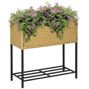 Verhoogde plantentafel en plantenbak – zandkleur, 70x30x72 cm met duurzaam PE rotan en stevig metalen frame voor gemakkelijk tuinieren