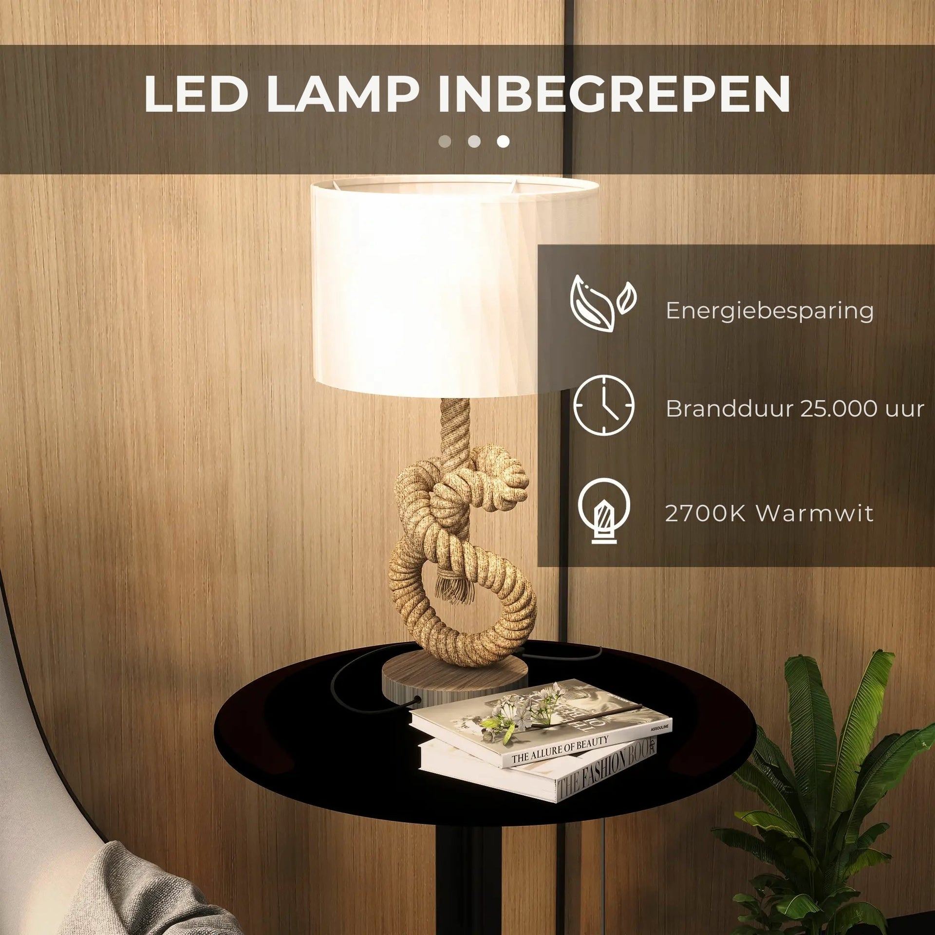 Tafellamp leeslamp met hennep touw, LED en USB oplaadpunt
