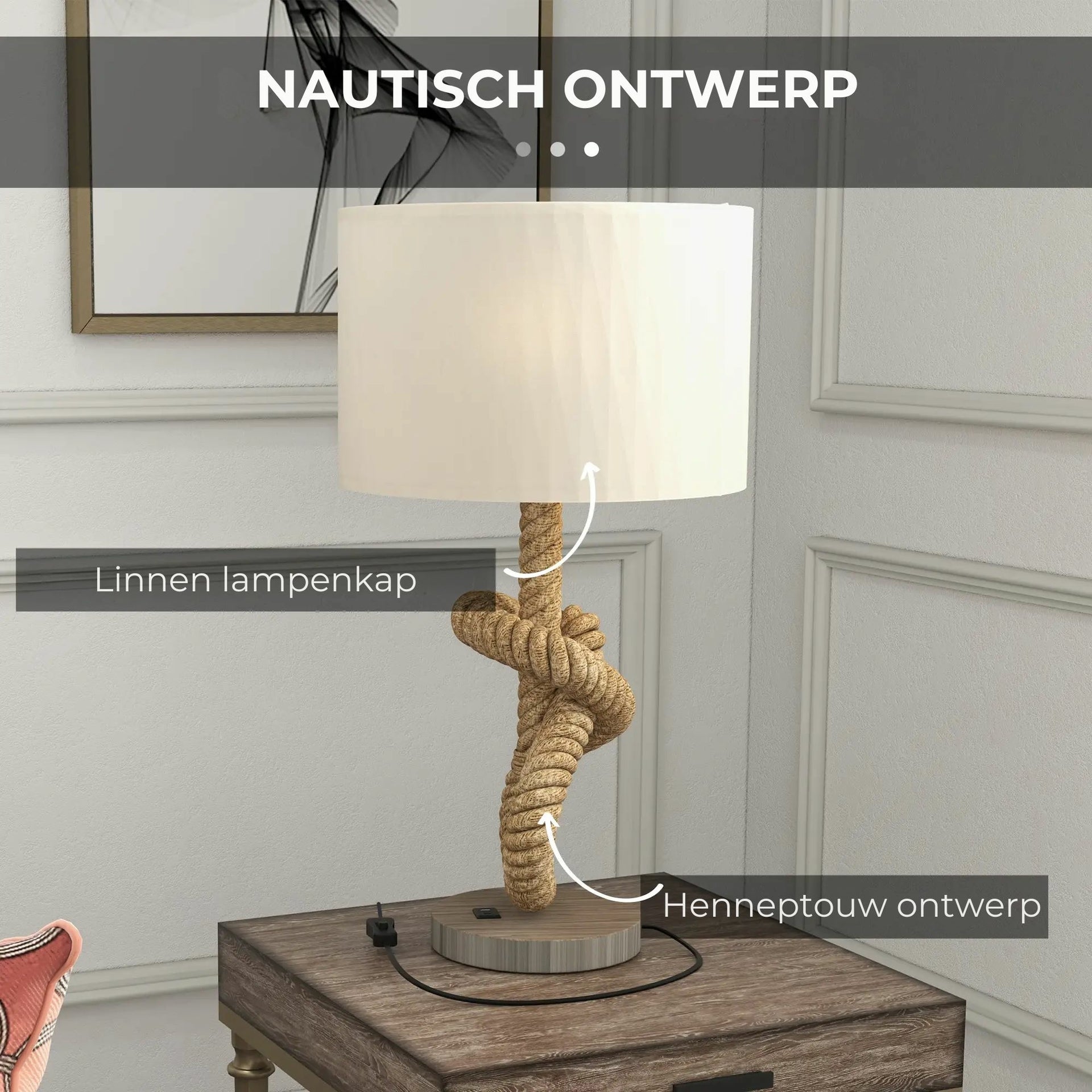 Tafellamp leeslamp met hennep touw, LED en USB oplaadpunt