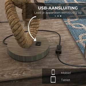Tafellamp leeslamp met hennep touw, LED en USB oplaadpunt met stevige houten voet en handige USB aansluiting