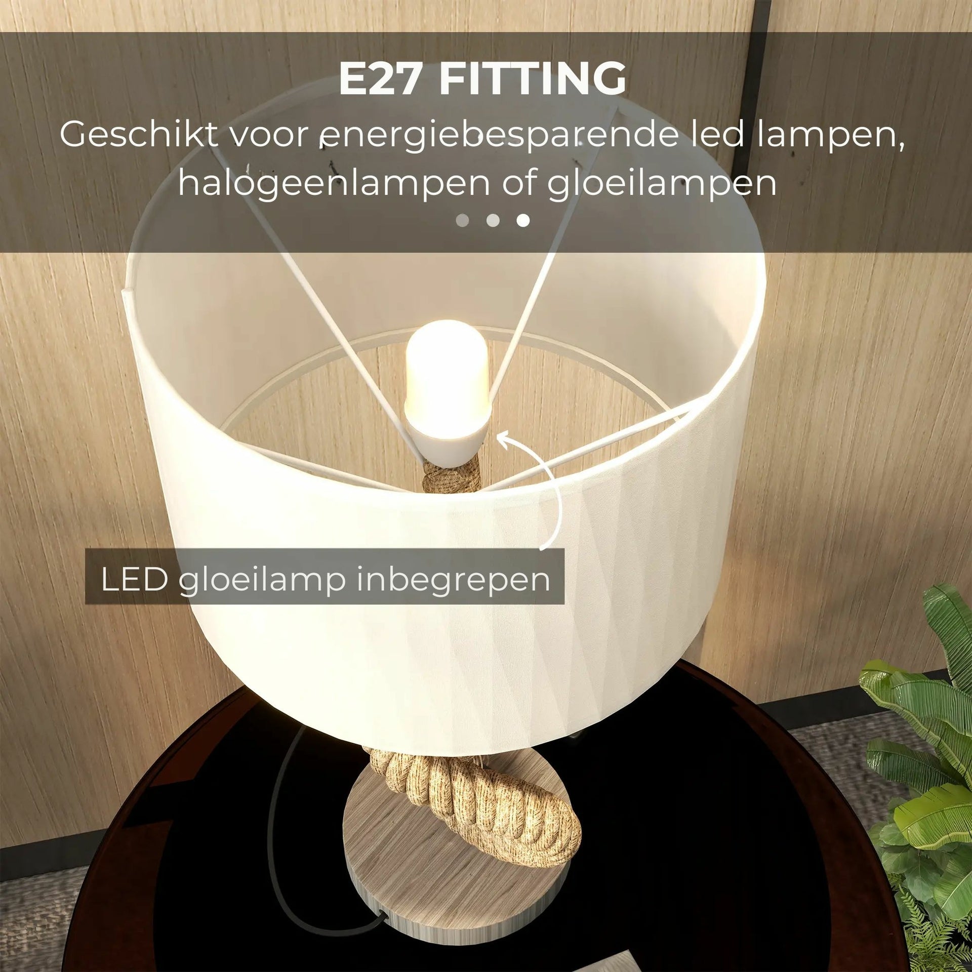 Tafellamp leeslamp met hennep touw, LED en USB oplaadpunt