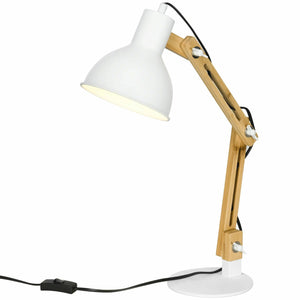 Verstelbare bureaulamp bamboe wit – 40 W energiezuinig met houten arm en metalen kap voor gericht licht op bureau