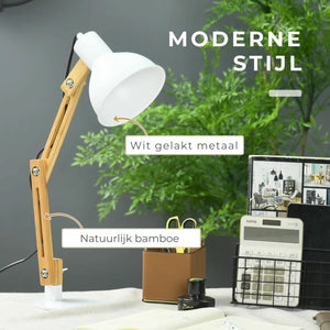 Verstelbare bureaulamp bamboe wit – 40 W energiezuinig met natuurlijk bamboe en wit gelakt metalen kap