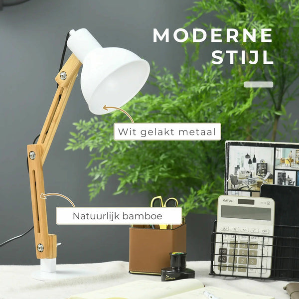 Verstelbare bureaulamp bamboe wit – 40 W energiezuinig