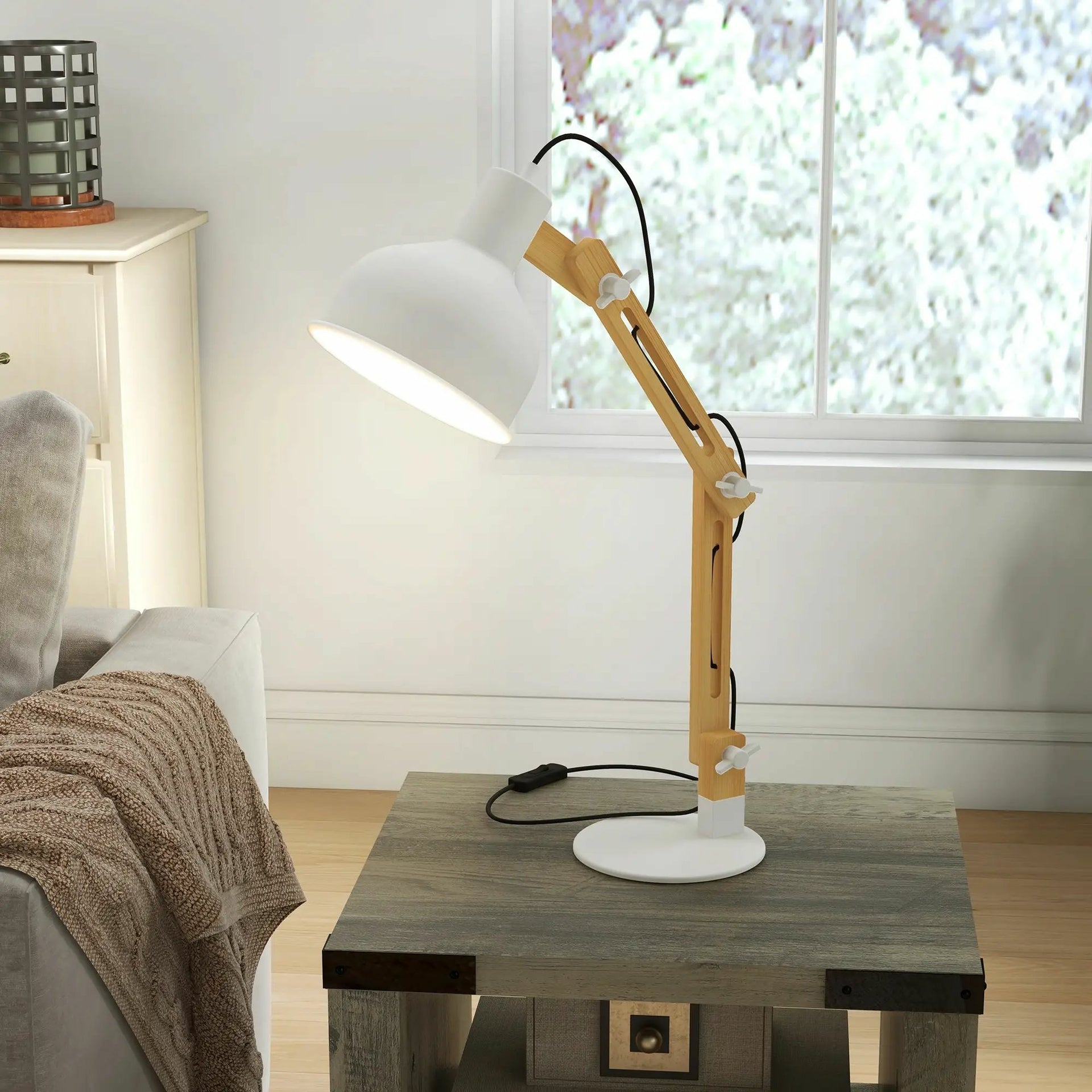 Verstelbare bureaulamp bamboe wit – 40 W energiezuinig
