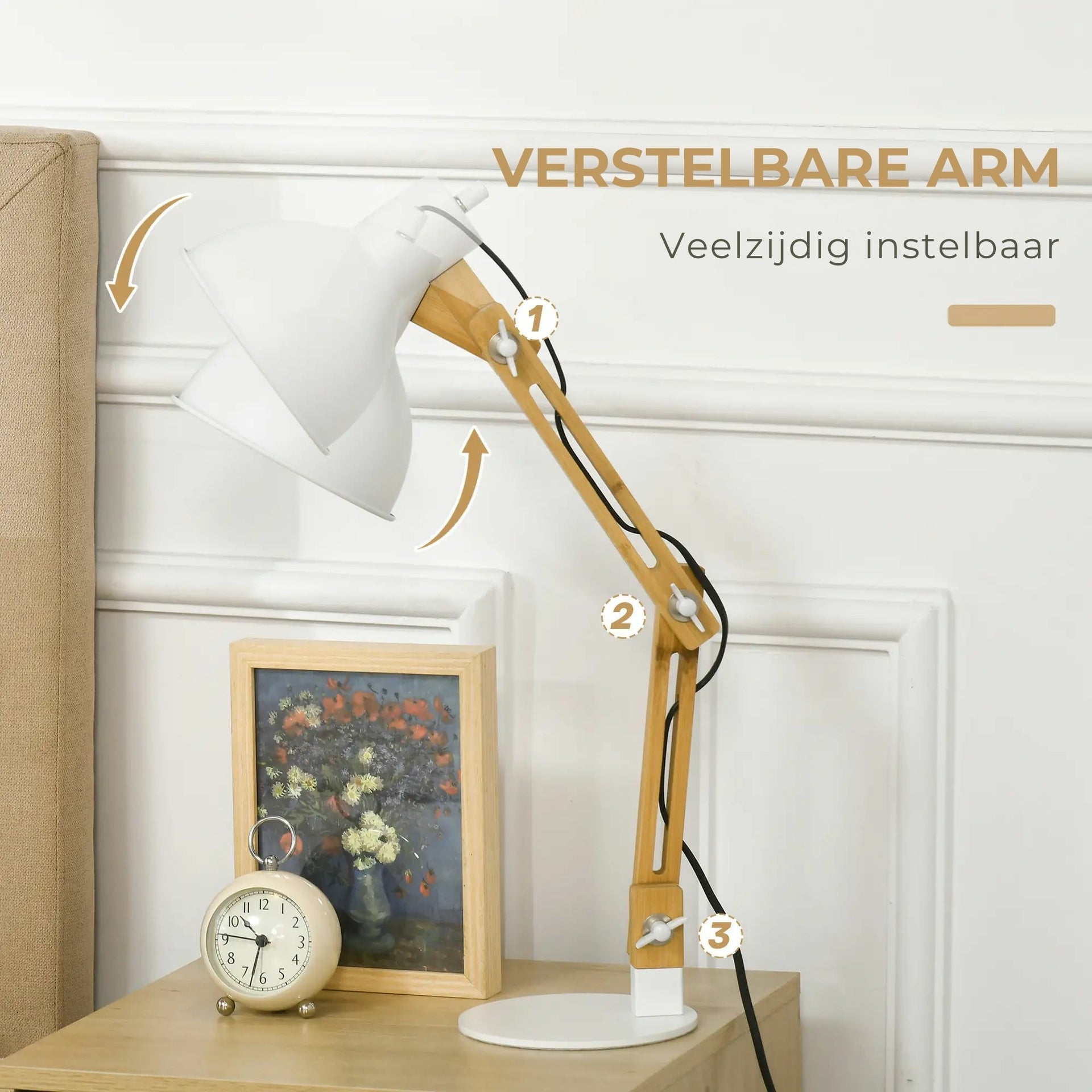 Verstelbare bureaulamp bamboe wit – 40 W energiezuinig