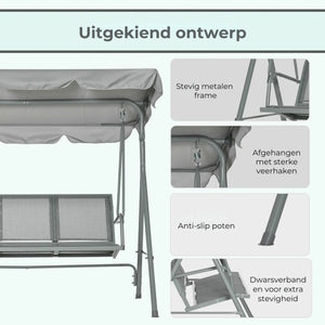 3-zits schommelbank met kantelbaar dak – grijs met stevig metalen frame, anti-slip poten en sterke veerhaken voor extra stevigheid