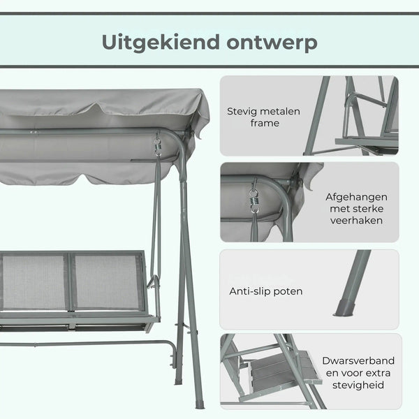 3-zits schommelbank met kantelbaar dak – grijs, tot 250 kg