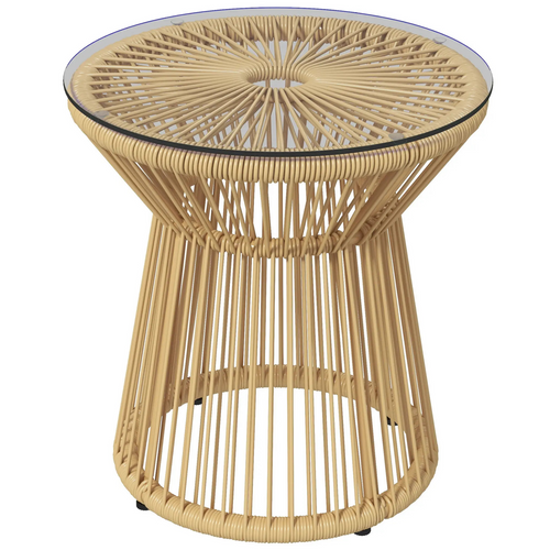 Beige rattan boho bijzettafel 40x40x42 cm – met gehard glasblad