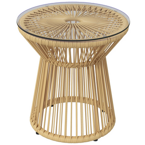 Beige rattan boho bijzettafel 40x40x42 cm met gehard glasblad en metalen frame voor binnen en buitengebruik