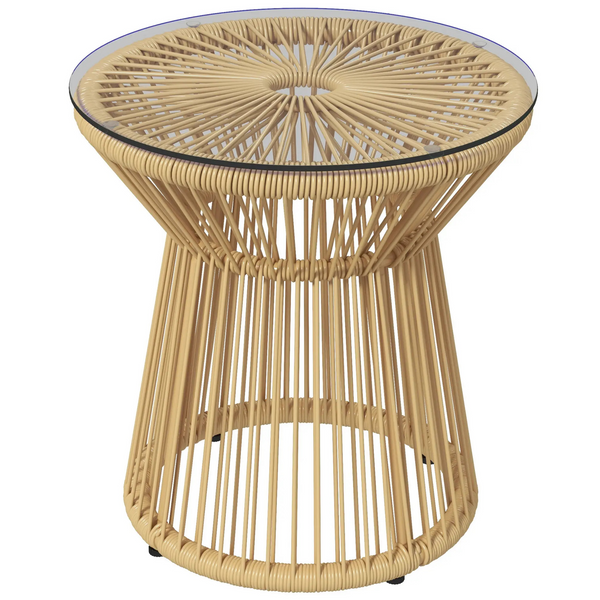Beige rattan boho bijzettafel 40x40x42 cm – met gehard glasblad