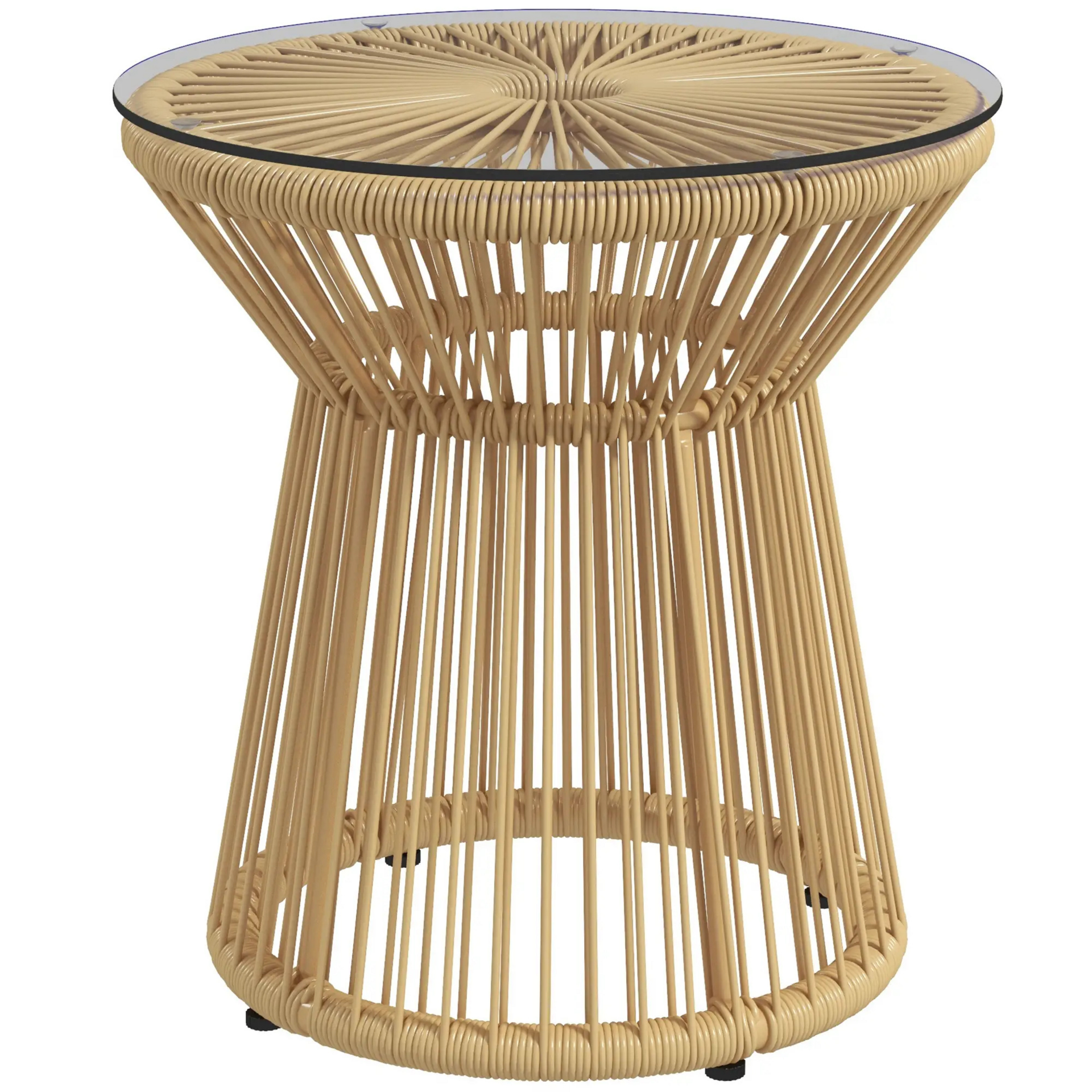 Beige rattan boho bijzettafel 40x40x42 cm – met gehard glasblad
