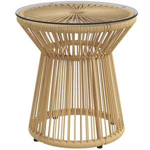 Beige rattan boho bijzettafel 40x40x42 cm – met gehard glasblad en stevig metalen frame voor binnen en buitengebruik