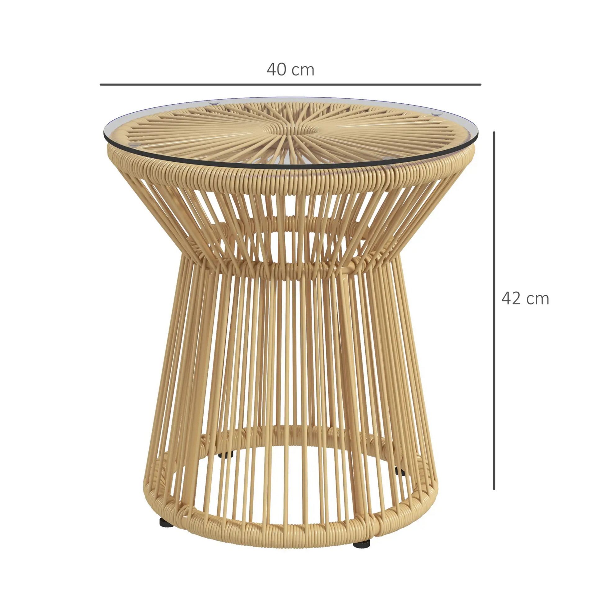 Beige rattan boho bijzettafel 40x40x42 cm – met gehard glasblad