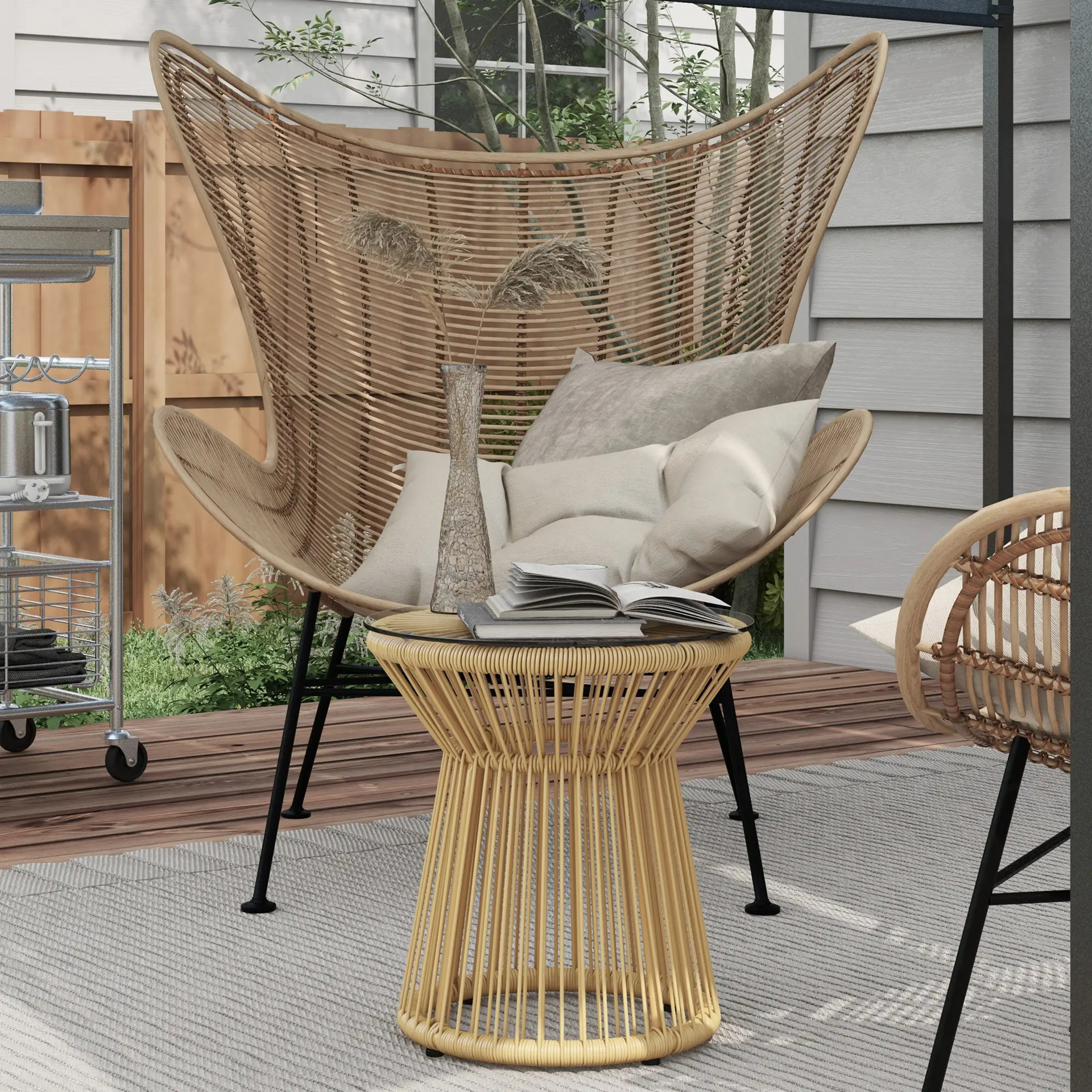 Beige rattan boho bijzettafel 40x40x42 cm – met gehard glasblad