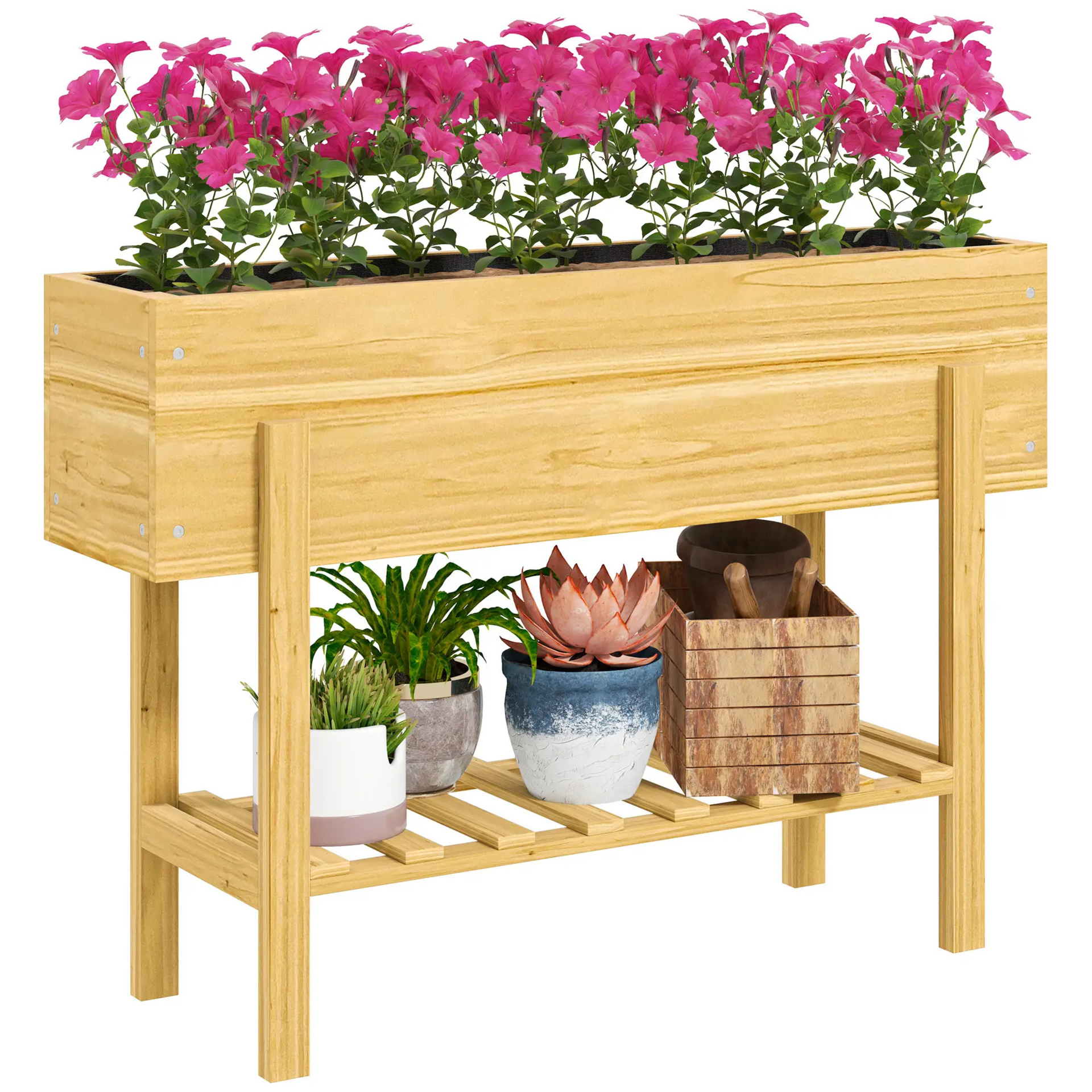 Verhoogde houten plantenbak 100x30x71 cm – met opbergrek en drainage